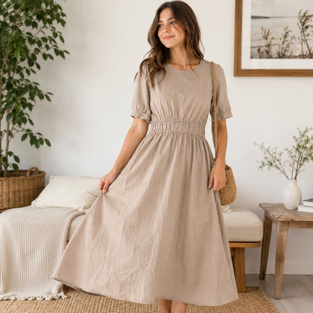 Hudson Honey Taupe Brown Smocked Waist Puff Sleeve Midi Dress Size M